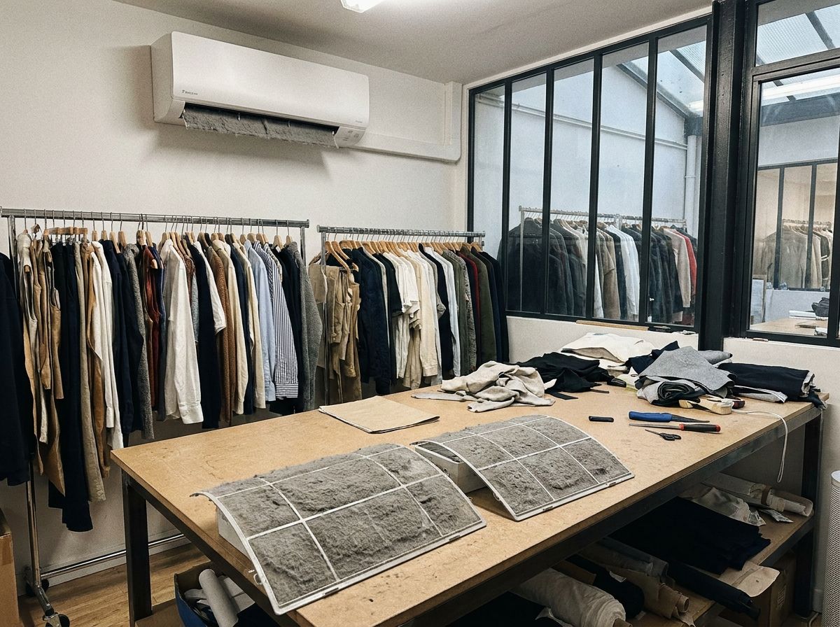 Filtres de clim Daikin couverts de fibres textiles dans un atelier du Sentier