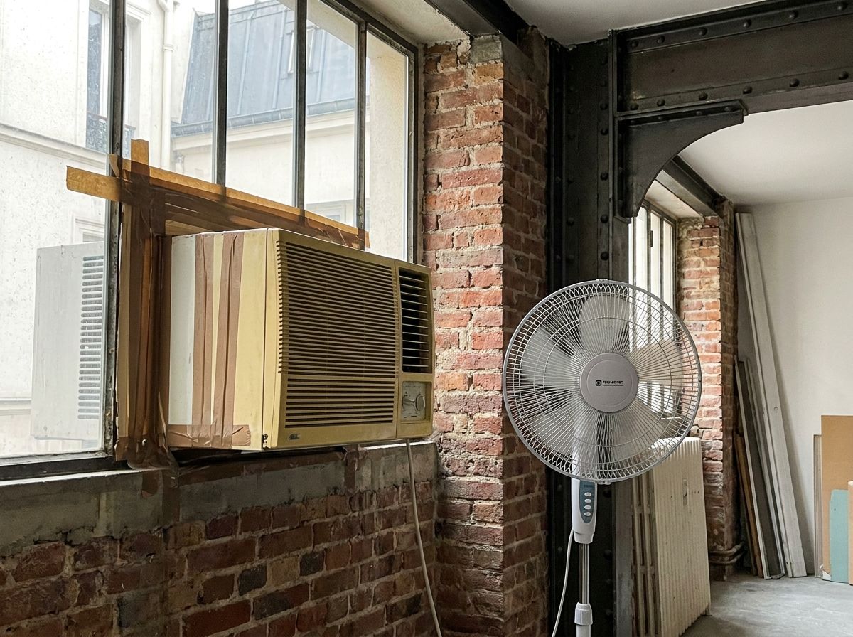 Vieux climatiseur de fenêtre scotché dans une verrière de loft aux Arts-et-Métiers