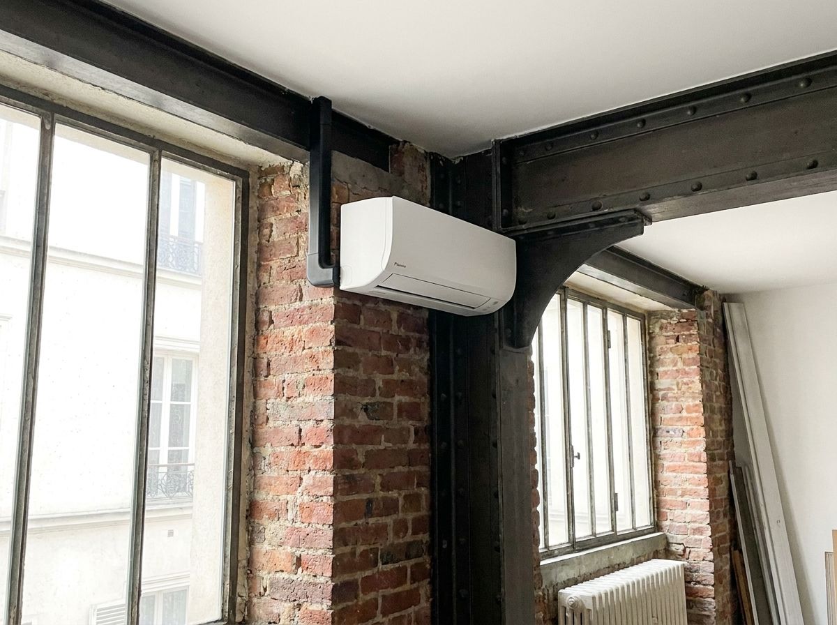 Split Daikin neuf posé contre la charpente métallique du même loft