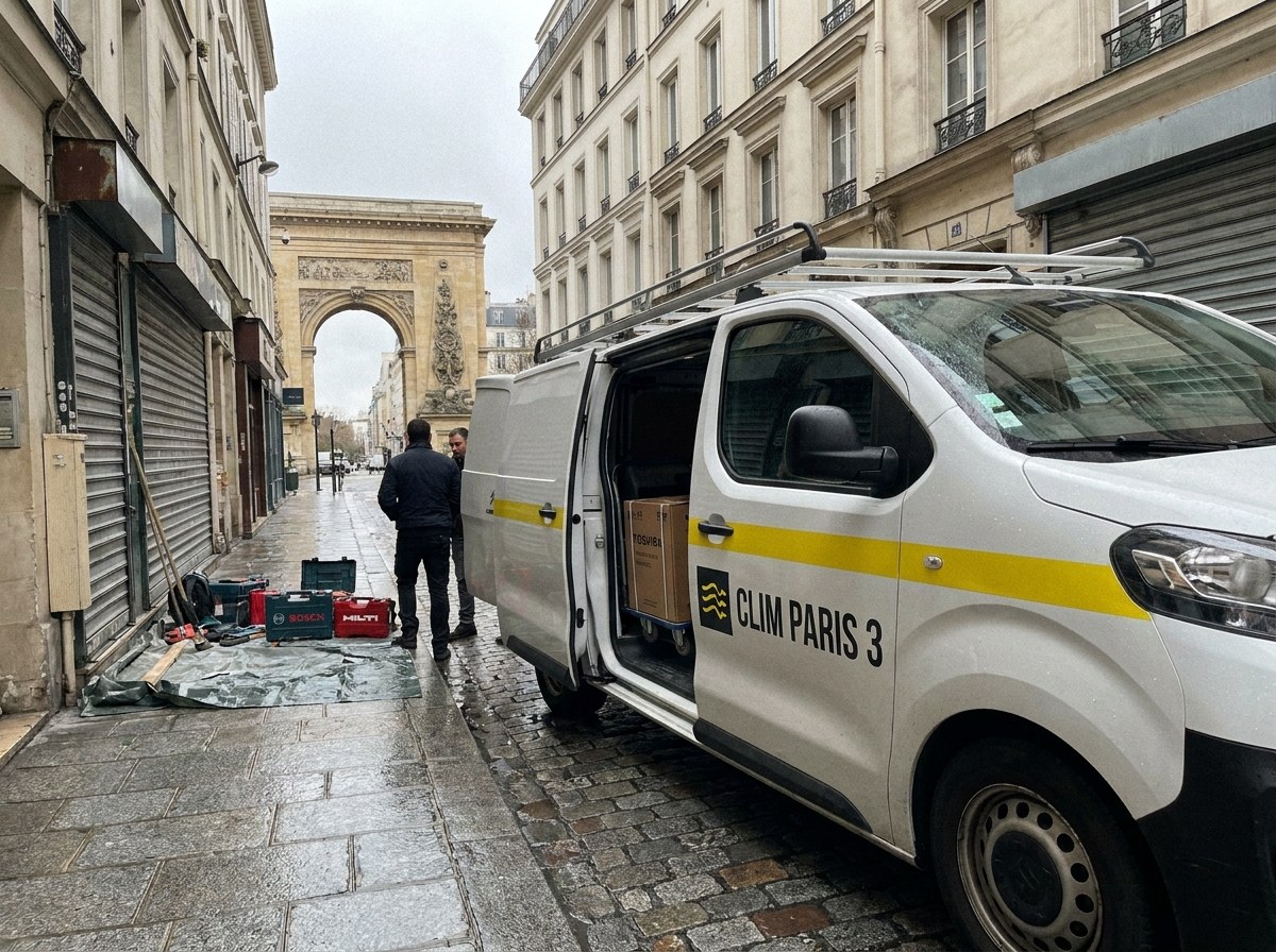 Camionnette blanche CLIM Paris 3 garée rue Blondel, porte Saint-Denis au fond