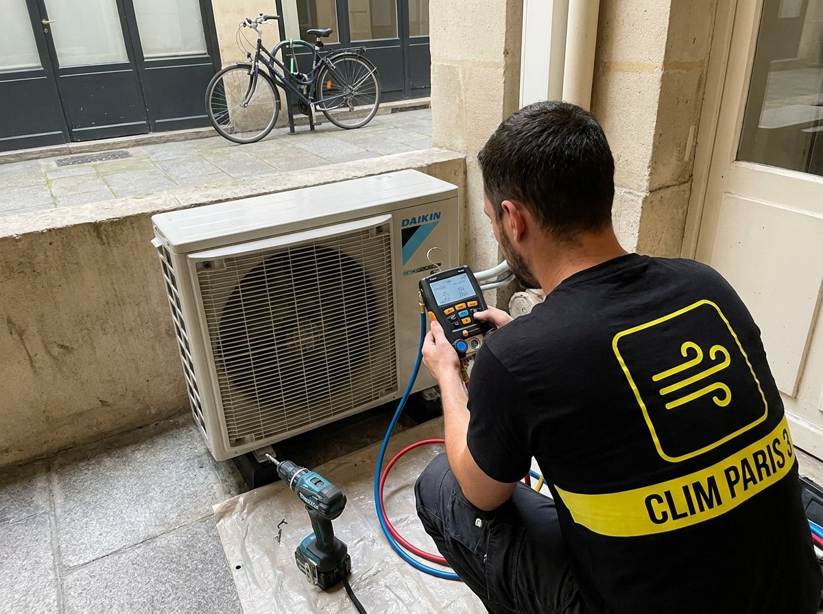 Technicien de dos qui relève les pressions d'un groupe Daikin avec un manomètre