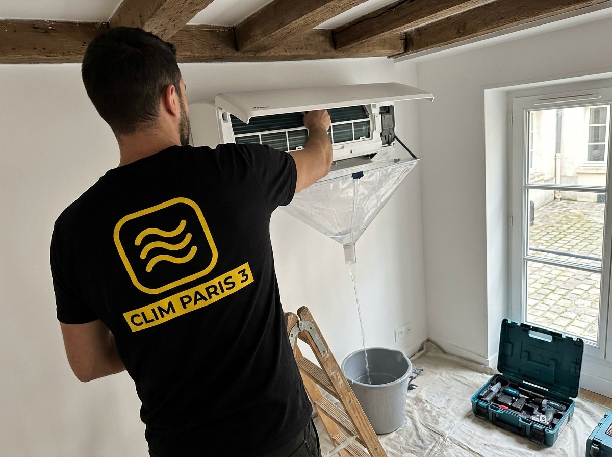 Technicien CLIM Paris 3 de dos qui nettoie un split sous des poutres anciennes