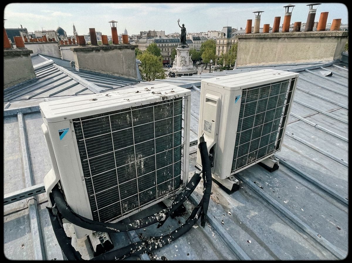 Deux groupes Daikin encrassés sur un toit en zinc près de la place de la République