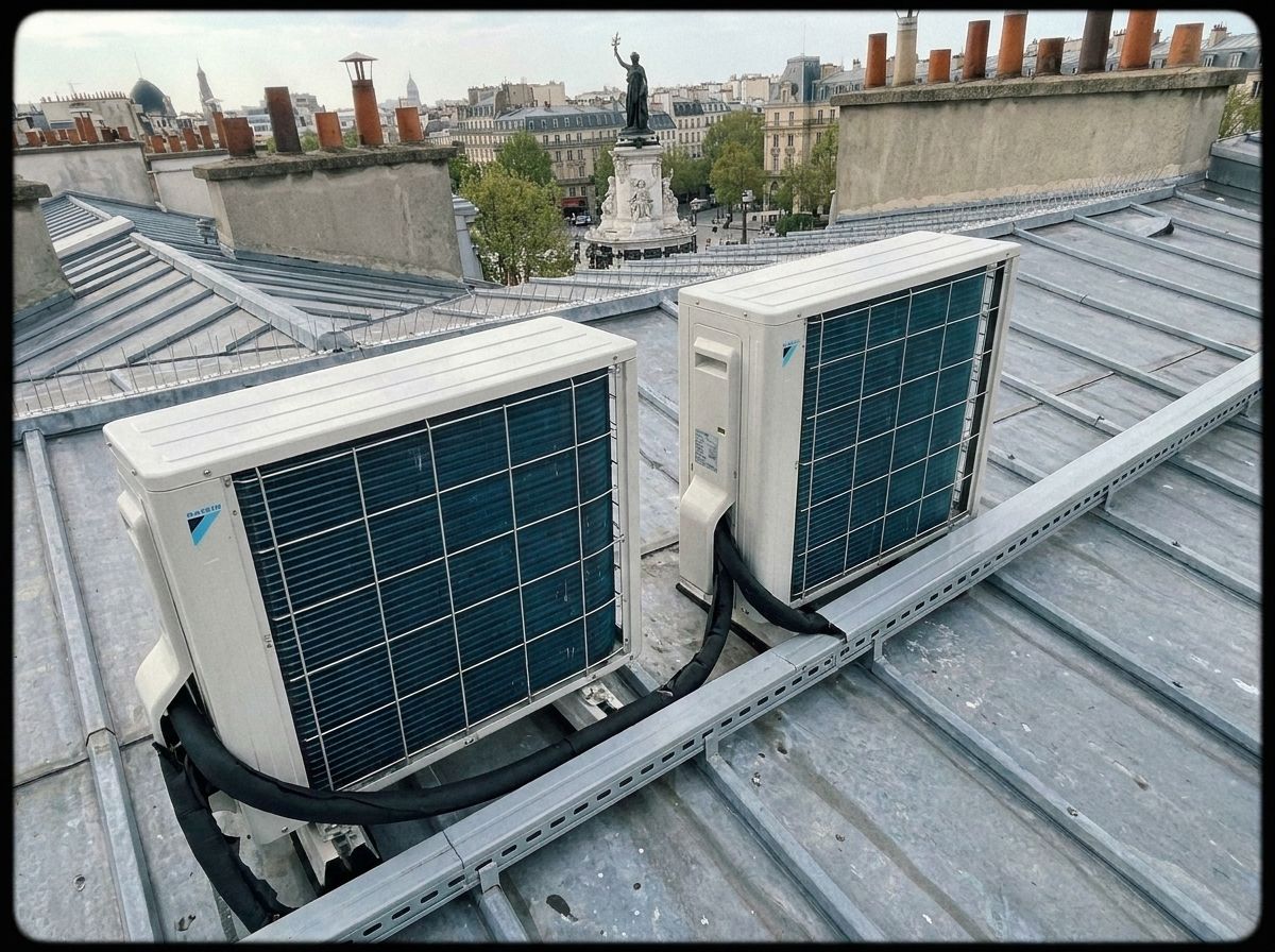 Mêmes groupes Daikin nettoyés, liaisons réisolées sur chemin de câbles