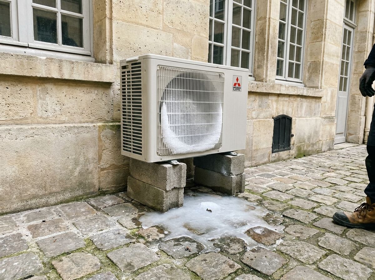 Groupe extérieur Mitsubishi Electric pris dans le givre sur des parpaings, cour du Marais