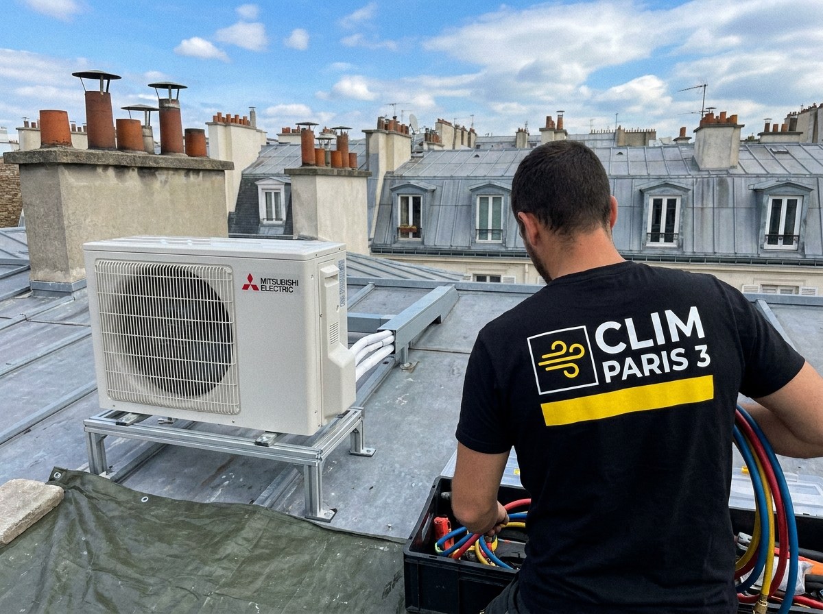 Groupe extérieur Mitsubishi Electric neuf sur un toit en zinc du 3e
